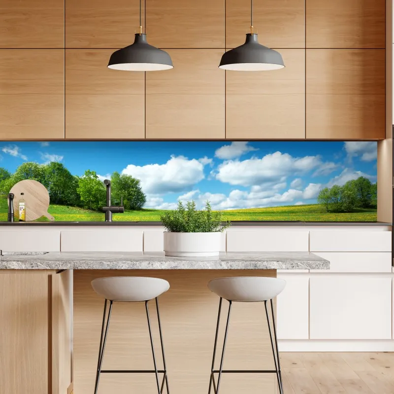 Naklejka repozycjonowalna słoneczna łąka z mniszkami i błękitnym niebem – Wallissimo® Naklejka repozycjonowalna słoneczna łąka z mniszkami i błękitnym niebem – Wallissimo®