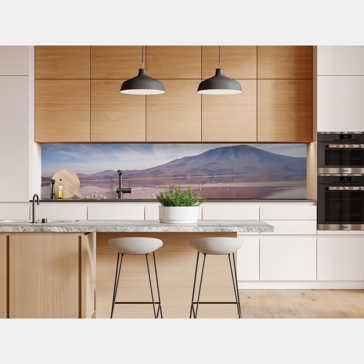 Naklejka repozycjonowalna różowa laguna z flamingami i odbiciem gór – Wallissimo® Naklejka repozycjonowalna różowa laguna z flamingami i odbiciem gór – Wallissimo®