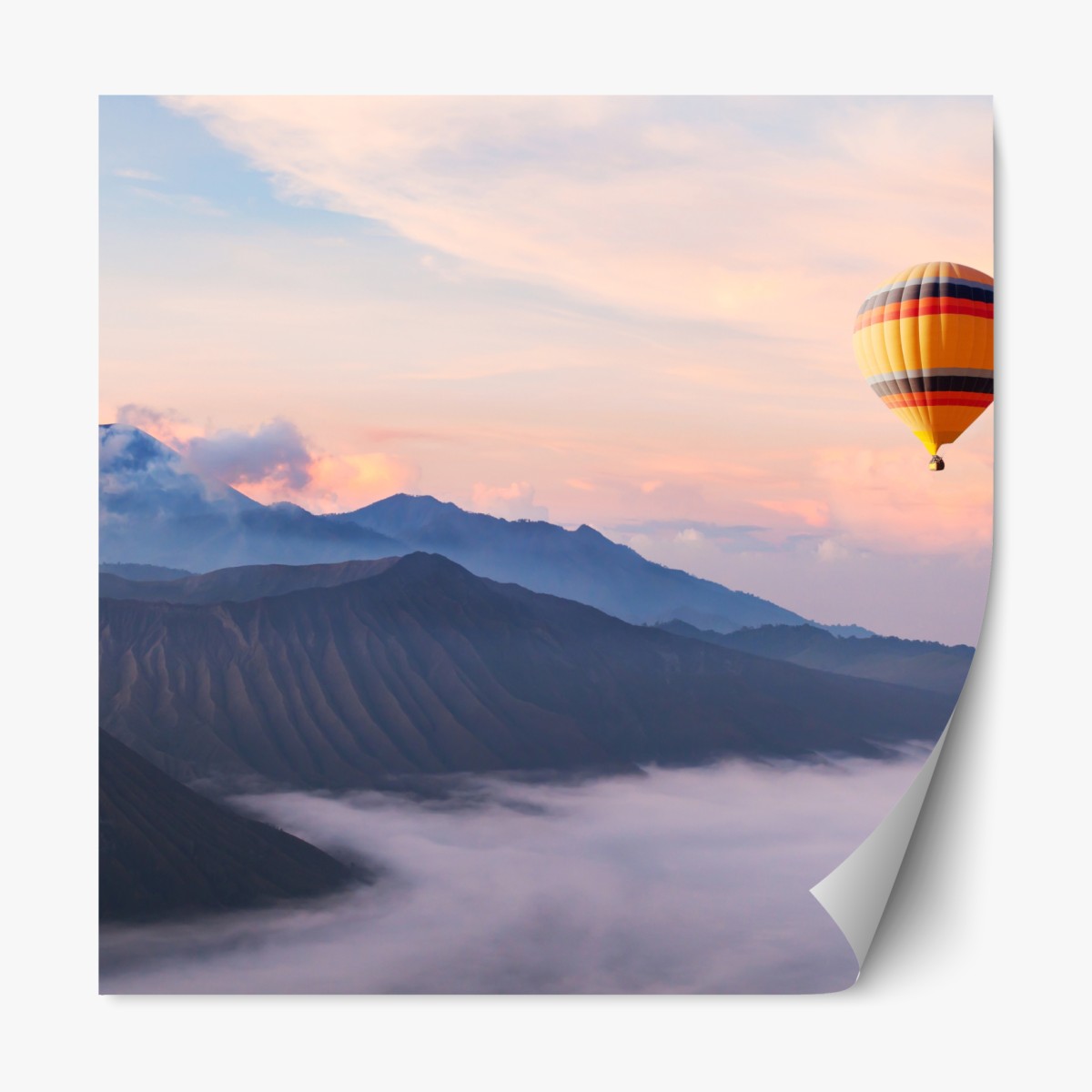 Repositionable sticker hot air balloon over misty mountains