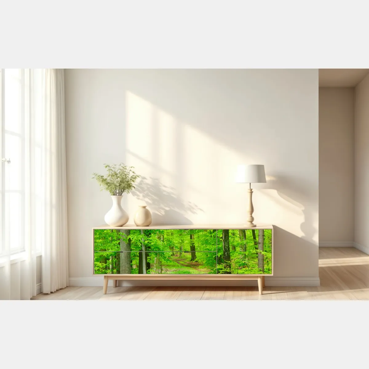 Naklejka repozycjonowalna spokojna leśna ścieżka wiosną – Wallissimo® Naklejka repozycjonowalna spokojna leśna ścieżka wiosną – Wallissimo®