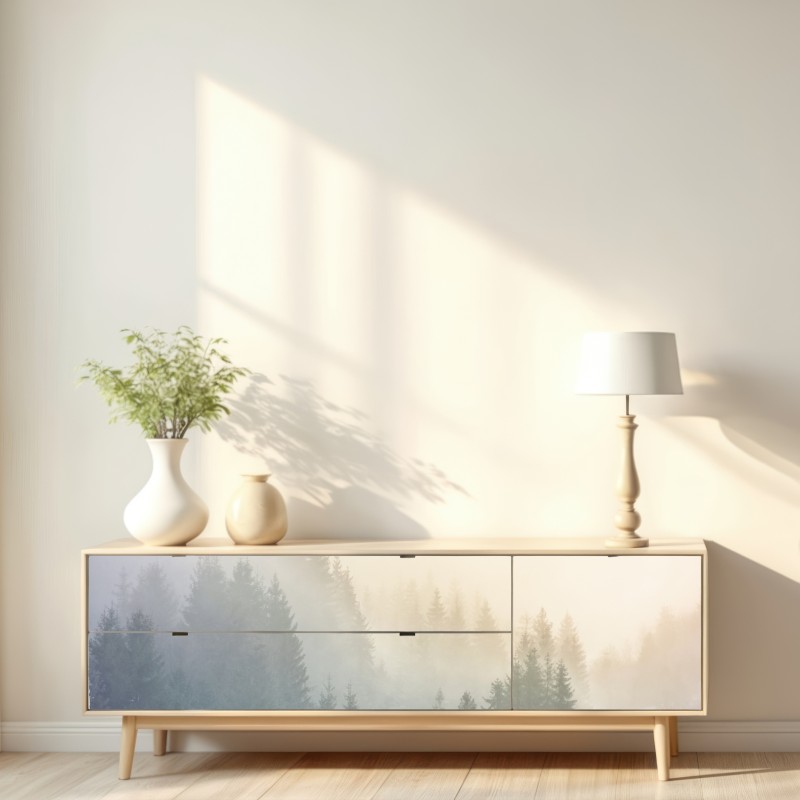 Naklejka repozycjonowalna mglisty las świerkowy o wschodzie słońca – Wallissimo® Naklejka repozycjonowalna mglisty las świerkowy o wschodzie słońca – Wallissimo®