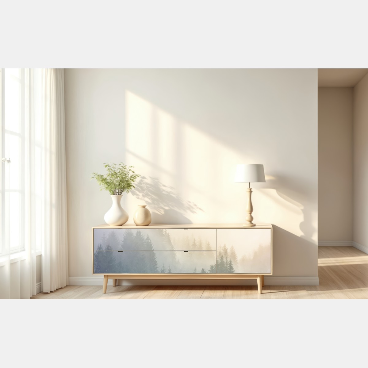 Naklejka repozycjonowalna mglisty las świerkowy o wschodzie słońca – Wallissimo® Naklejka repozycjonowalna mglisty las świerkowy o wschodzie słońca – Wallissimo®