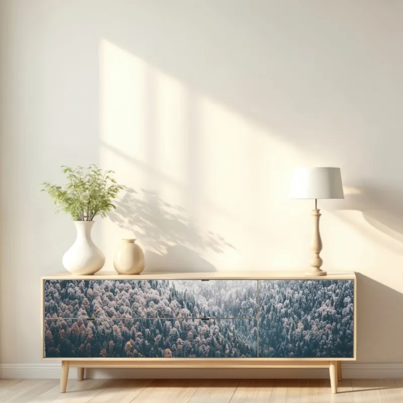 Naklejka repozycjonowalna mglisty jesienny las na śnieżnej górze – Wallissimo® Naklejka repozycjonowalna mglisty jesienny las na śnieżnej górze – Wallissimo®