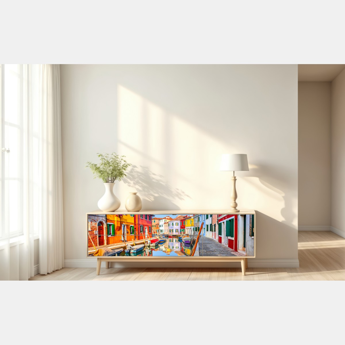 Naklejka repozycjonowalna kolorowe domy nad kanałem w Burano – Wallissimo® Naklejka repozycjonowalna kolorowe domy nad kanałem w Burano – Wallissimo®