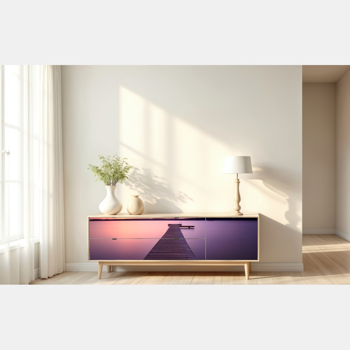 Naklejka repozycjonowalna spokojny pastelowy zachód nad jeziorem z pomostem – Wallissimo® Naklejka repozycjonowalna spokojny pastelowy zachód nad jeziorem z pomostem – Wallissimo®