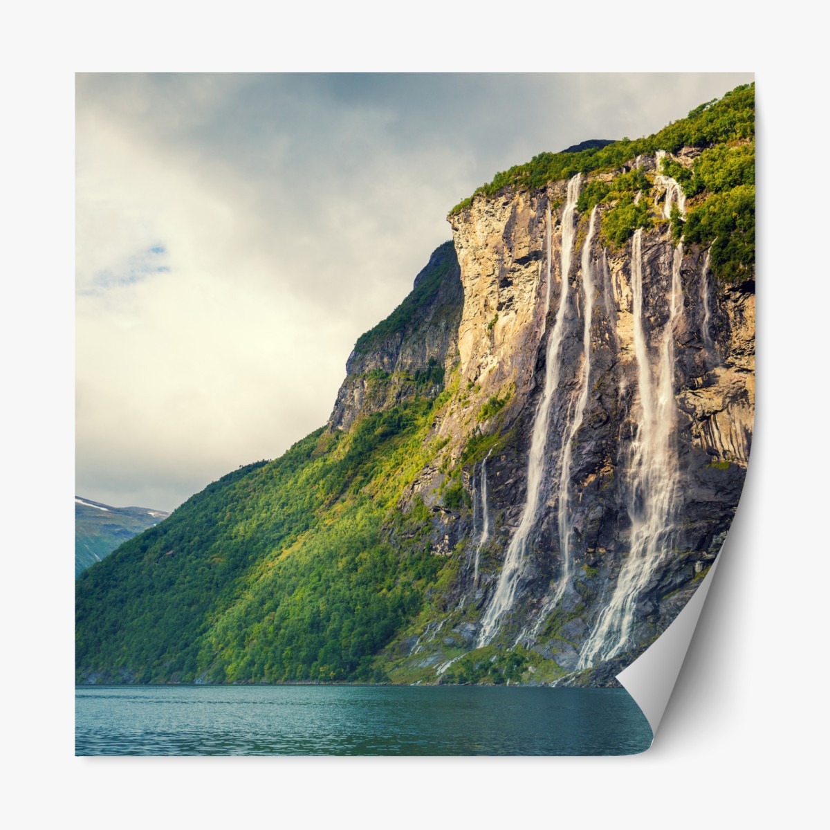 Repositionable sticker waterfalls cascading down fjord cliffs