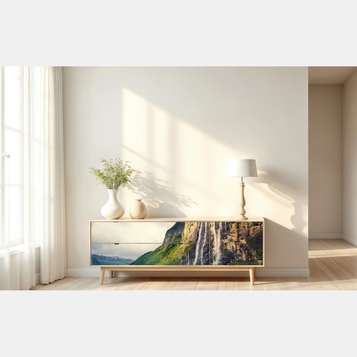 Naklejka repozycjonowalna wodospady spływające po klifach fiordu – Wallissimo® Naklejka repozycjonowalna wodospady spływające po klifach fiordu – Wallissimo®