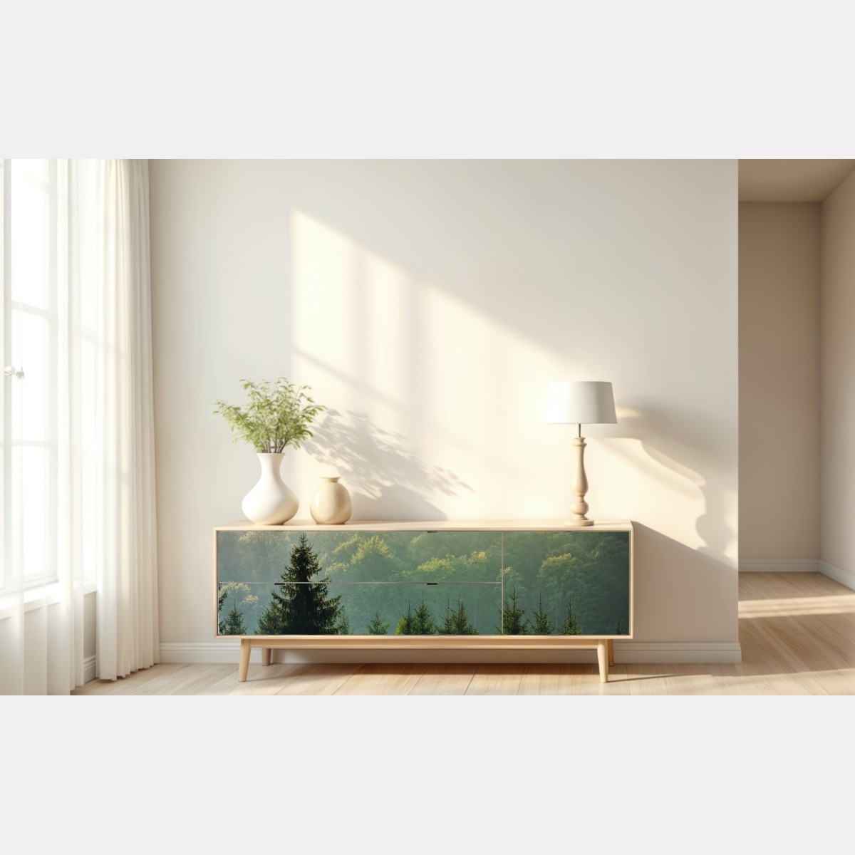 Naklejka repozycjonowalna mglisty las świerkowy w Karpatach o wschodzie słońca – Wallissimo® Naklejka repozycjonowalna mglisty las świerkowy w Karpatach o wschodzie słońca – Wallissimo®