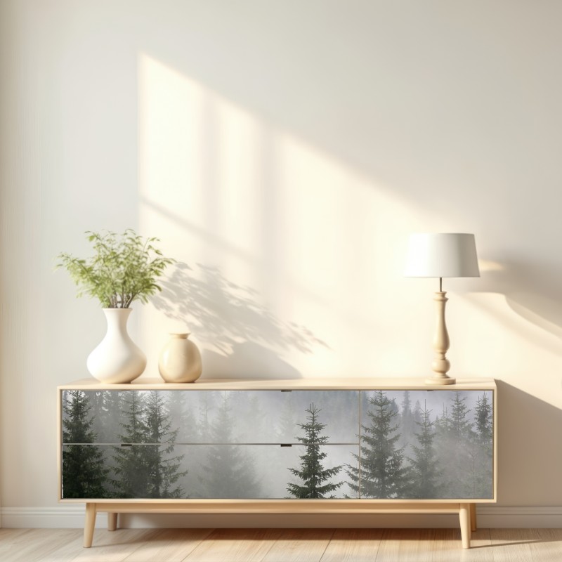 Naklejka repozycjonowalna mglisty las sosnowy o świcie – Wallissimo® Naklejka repozycjonowalna mglisty las sosnowy o świcie – Wallissimo®