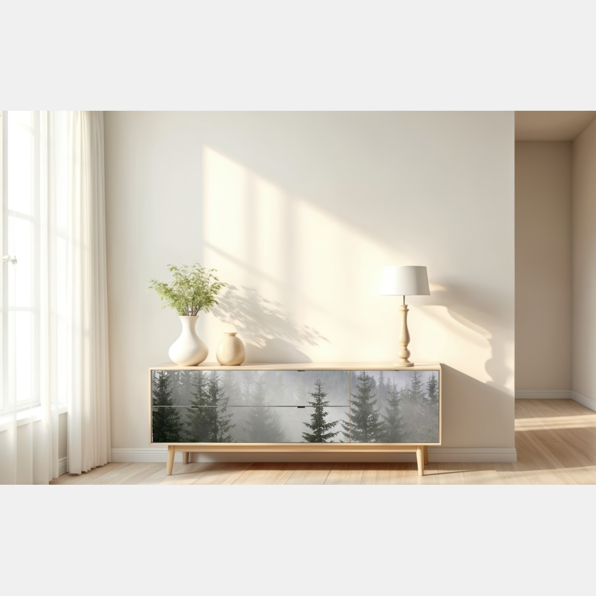 Naklejka repozycjonowalna mglisty las sosnowy o świcie – Wallissimo® Naklejka repozycjonowalna mglisty las sosnowy o świcie – Wallissimo®