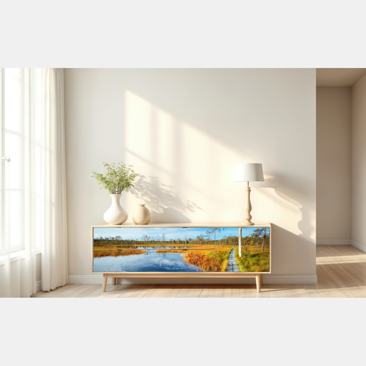 Naklejka repozycjonowalna jesienna kładka nad spokojnym torfowiskiem – Wallissimo® Naklejka repozycjonowalna jesienna kładka nad spokojnym torfowiskiem – Wallissimo®