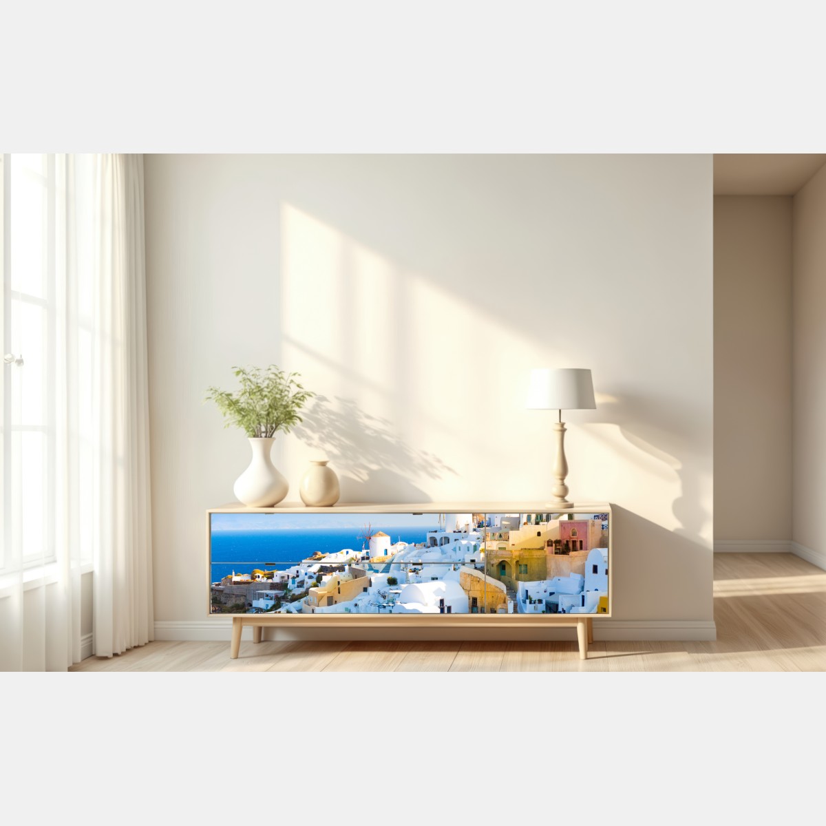 Naklejka repozycjonowalna nasłonecznione miasteczko Santorini nad morzem – Wallissimo® Naklejka repozycjonowalna nasłonecznione miasteczko Santorini nad morzem – Wallissimo®