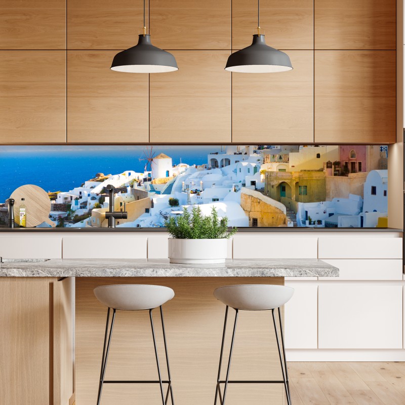 Naklejka repozycjonowalna nasłonecznione miasteczko Santorini nad morzem – Wallissimo® Naklejka repozycjonowalna nasłonecznione miasteczko Santorini nad morzem – Wallissimo®