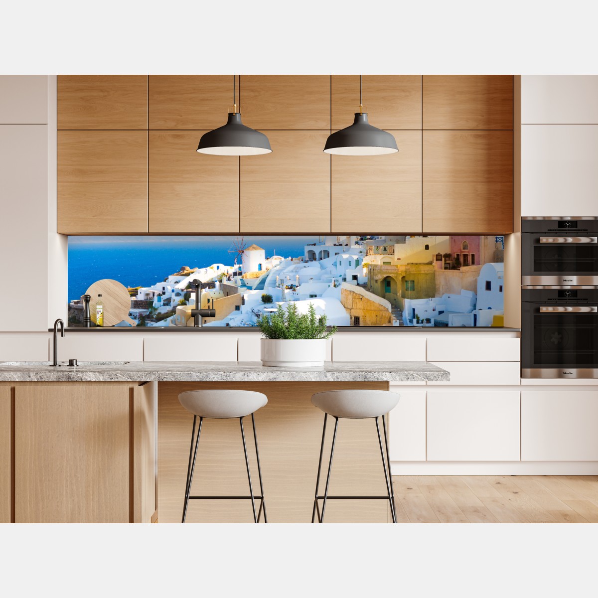 Naklejka repozycjonowalna nasłonecznione miasteczko Santorini nad morzem – Wallissimo® Naklejka repozycjonowalna nasłonecznione miasteczko Santorini nad morzem – Wallissimo®