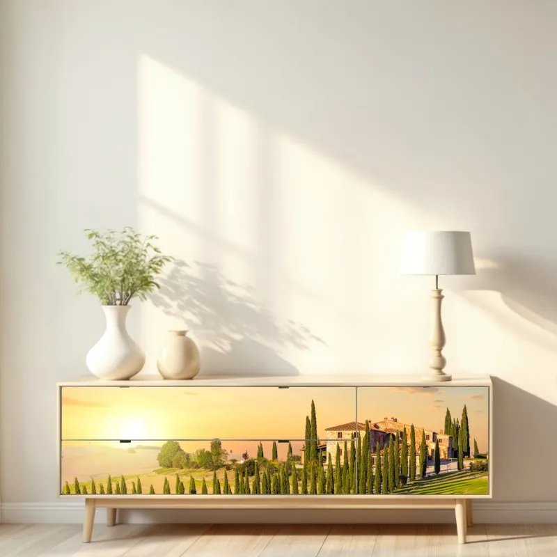 Naklejka repozycjonowalna Toskania zachód słońca aleja cyprysów – Wallissimo® Naklejka repozycjonowalna Toskania zachód słońca aleja cyprysów – Wallissimo®