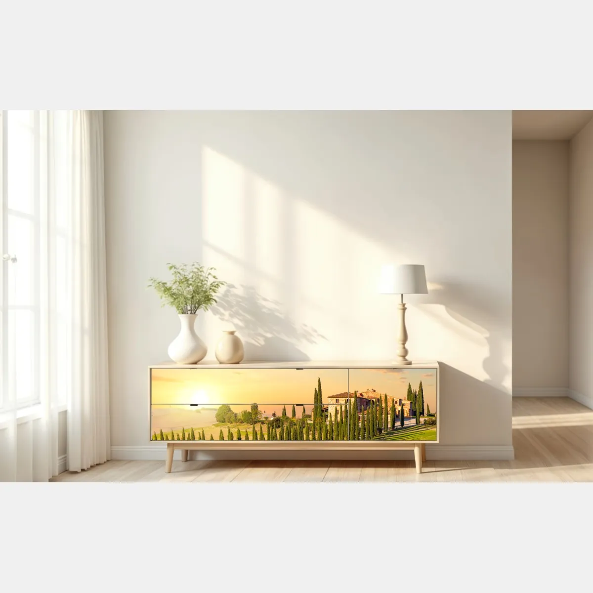 Naklejka repozycjonowalna Toskania zachód słońca aleja cyprysów – Wallissimo® Naklejka repozycjonowalna Toskania zachód słońca aleja cyprysów – Wallissimo®