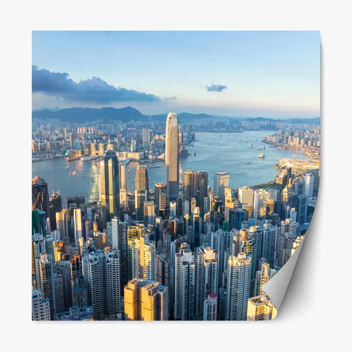 Naklejka repozycjonowalna panorama Hongkongu o zachodzie słońca – Wallissimo® Naklejka repozycjonowalna panorama Hongkongu o zachodzie słońca – Wallissimo®