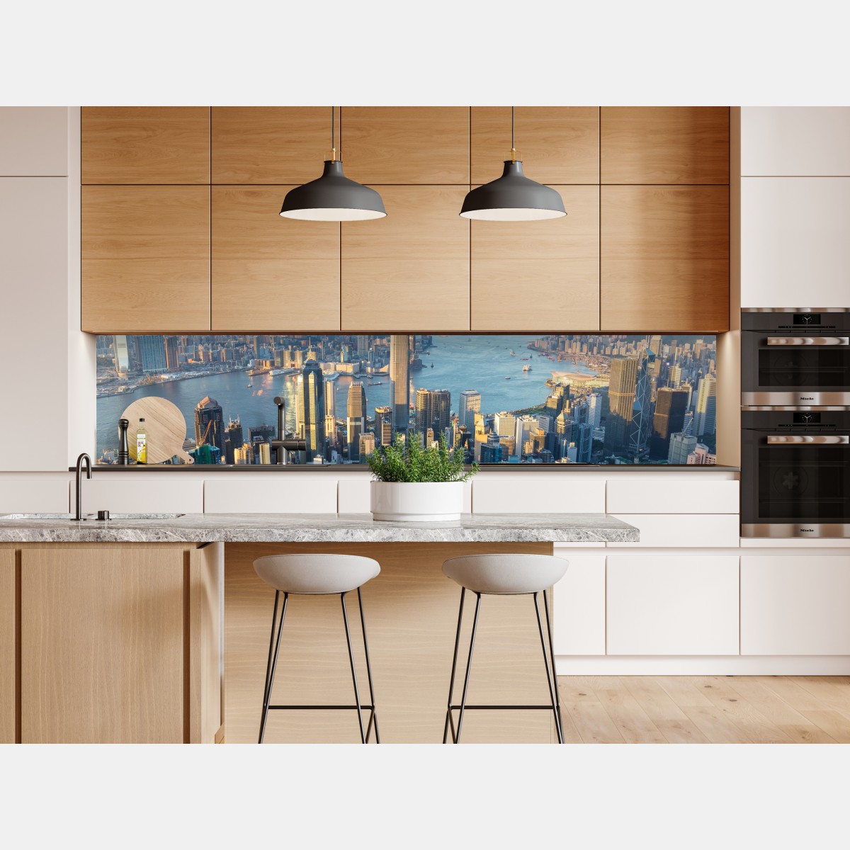 Naklejka repozycjonowalna panorama Hongkongu o zachodzie słońca – Wallissimo® Naklejka repozycjonowalna panorama Hongkongu o zachodzie słońca – Wallissimo®