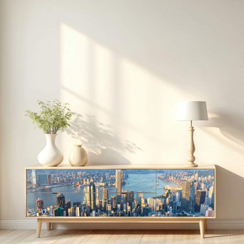 Naklejka repozycjonowalna panorama Hongkongu o zachodzie słońca – Wallissimo® Naklejka repozycjonowalna panorama Hongkongu o zachodzie słońca – Wallissimo®