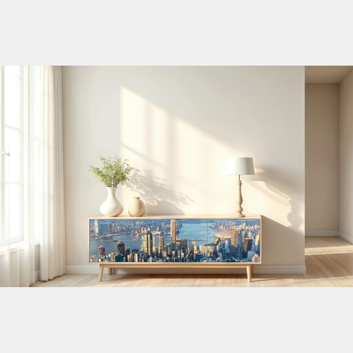 Naklejka repozycjonowalna panorama Hongkongu o zachodzie słońca – Wallissimo® Naklejka repozycjonowalna panorama Hongkongu o zachodzie słońca – Wallissimo®