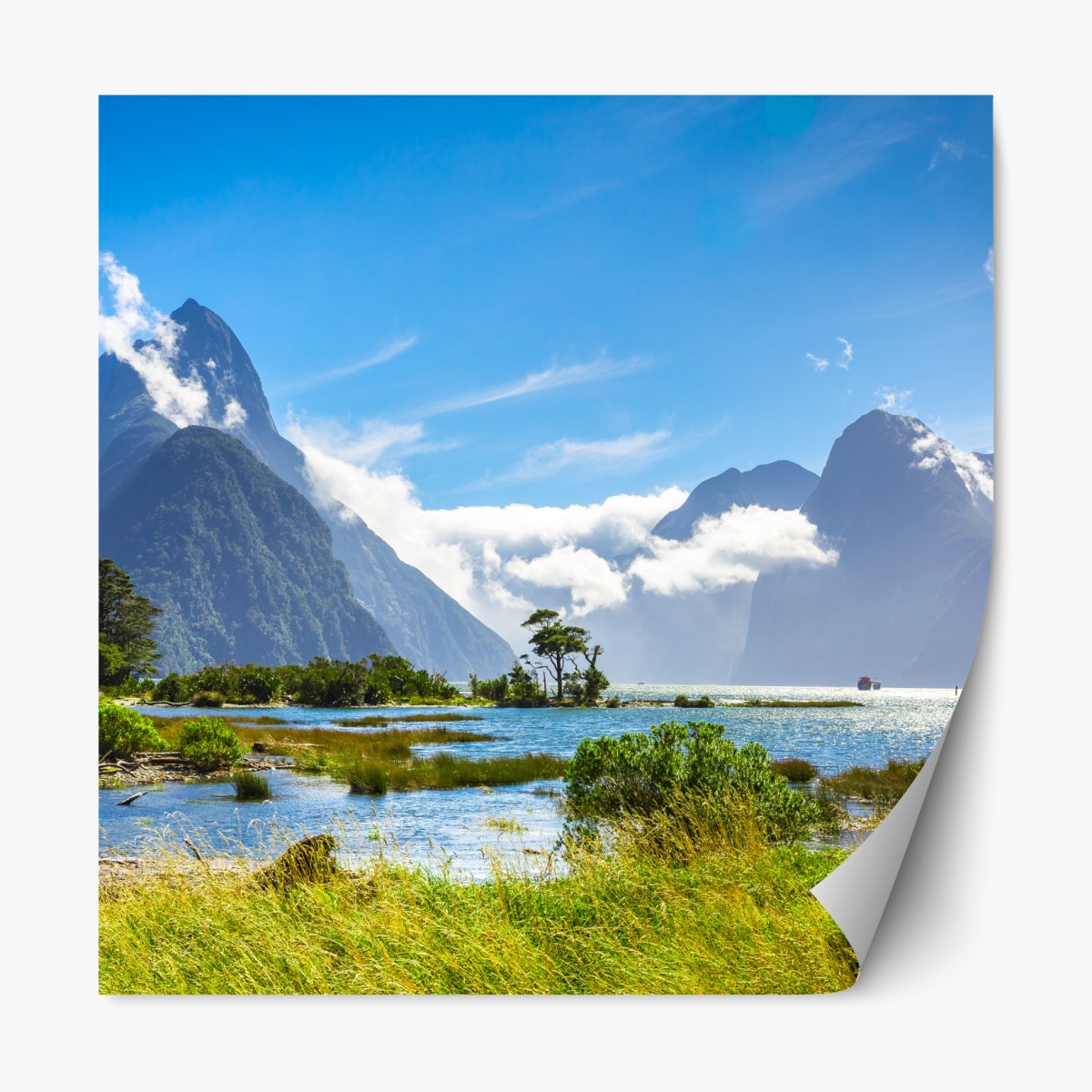 Repositionable sticker majestic mountain fjord landscape
