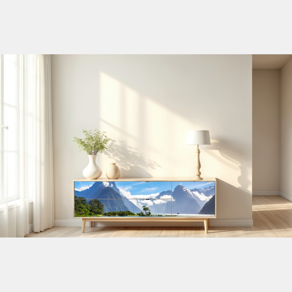 Naklejka repozycjonowalna malowniczy krajobraz górski nad fiordem – Wallissimo® Naklejka repozycjonowalna malowniczy krajobraz górski nad fiordem – Wallissimo®