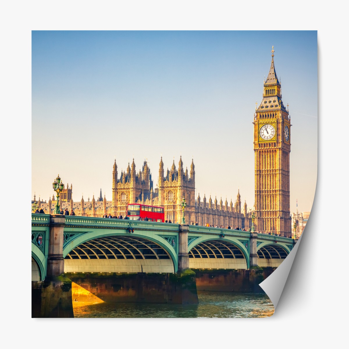 Repositionable sticker sunlit view of Big Ben and Westminster Bridge, London