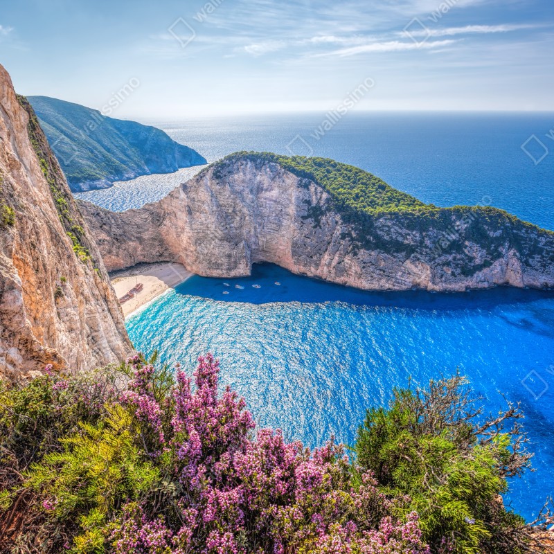 Naklejka repozycjonowalna Navagio plaża o zachodzie słońca z turkusowym morzem i dzikimi kwiatami – Wallissimo® Naklejka repozycjonowalna Navagio plaża o zachodzie słońca z turkusowym morzem i dzikimi kwiatami – Wallissimo®