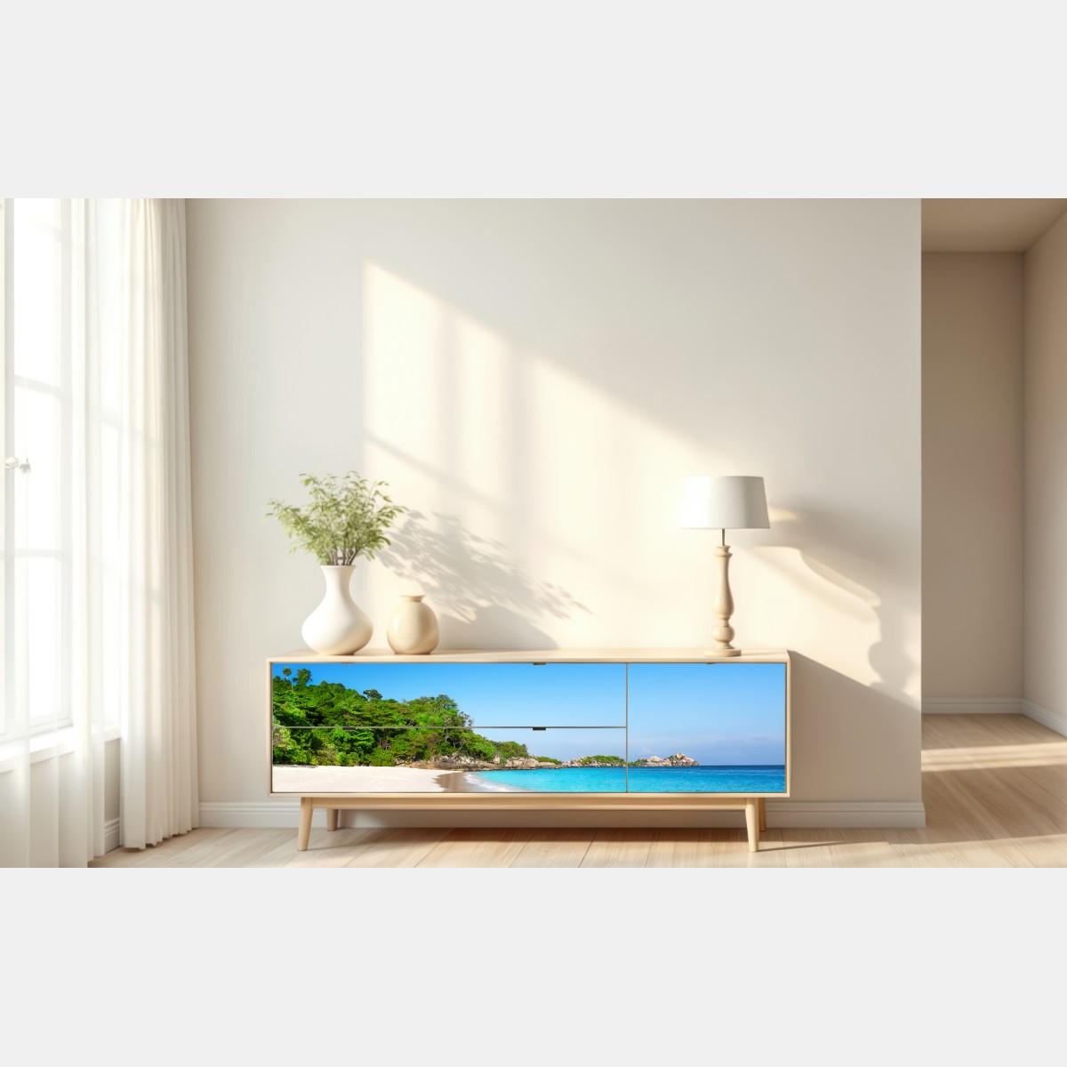 Naklejka repozycjonowalna tropikalna plaża z białym piaskiem – Wallissimo® Naklejka repozycjonowalna tropikalna plaża z białym piaskiem – Wallissimo®