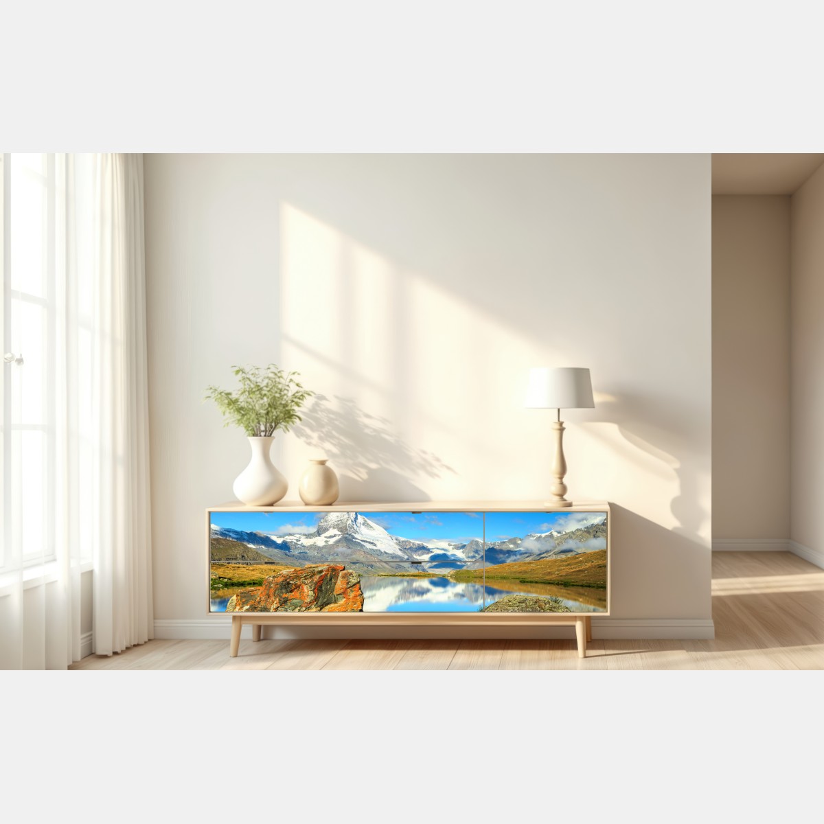 Naklejka repozycjonowalna odbicie Matterhornu nad alpejskim jeziorem – Wallissimo® Naklejka repozycjonowalna odbicie Matterhornu nad alpejskim jeziorem – Wallissimo®