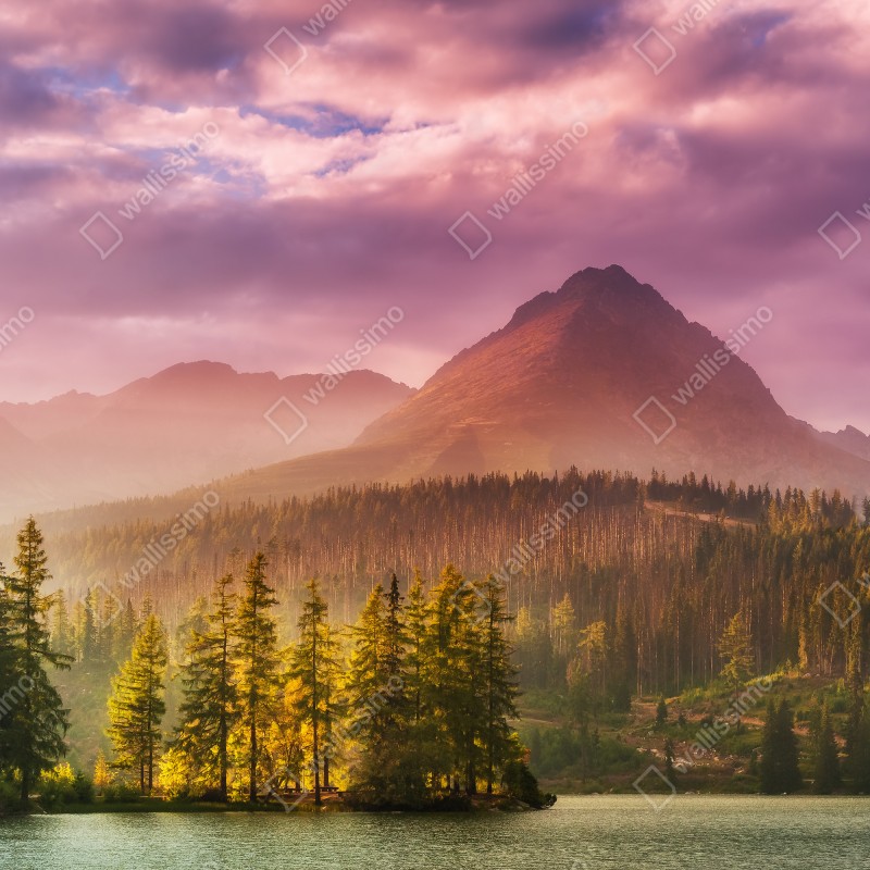 Naklejka repozycjonowalna zachód słońca nad Štrbské Pleso – Wallissimo® Naklejka repozycjonowalna zachód słońca nad Štrbské Pleso – Wallissimo®