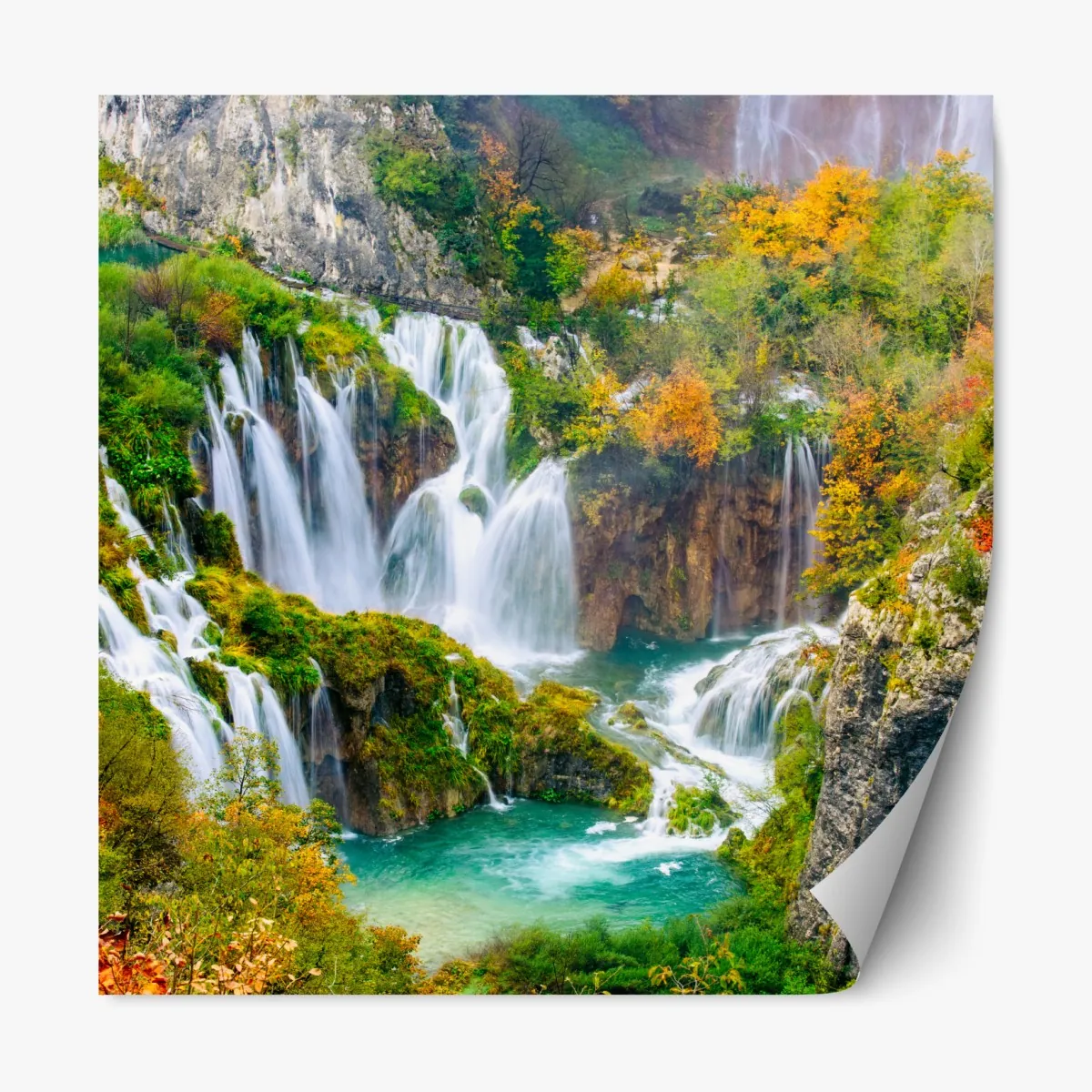 Naklejka repozycjonowalna turkusowy wodospad jesienią – Wallissimo® Naklejka repozycjonowalna turkusowy wodospad jesienią – Wallissimo®