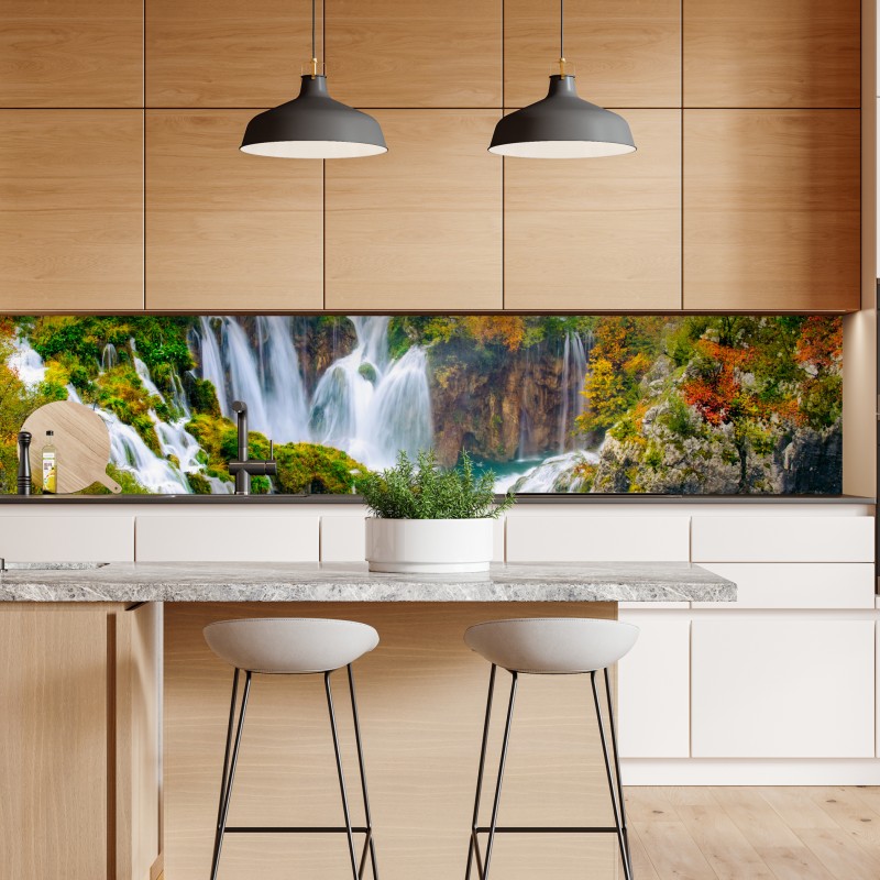 Naklejka repozycjonowalna turkusowy wodospad jesienią – Wallissimo® Naklejka repozycjonowalna turkusowy wodospad jesienią – Wallissimo®