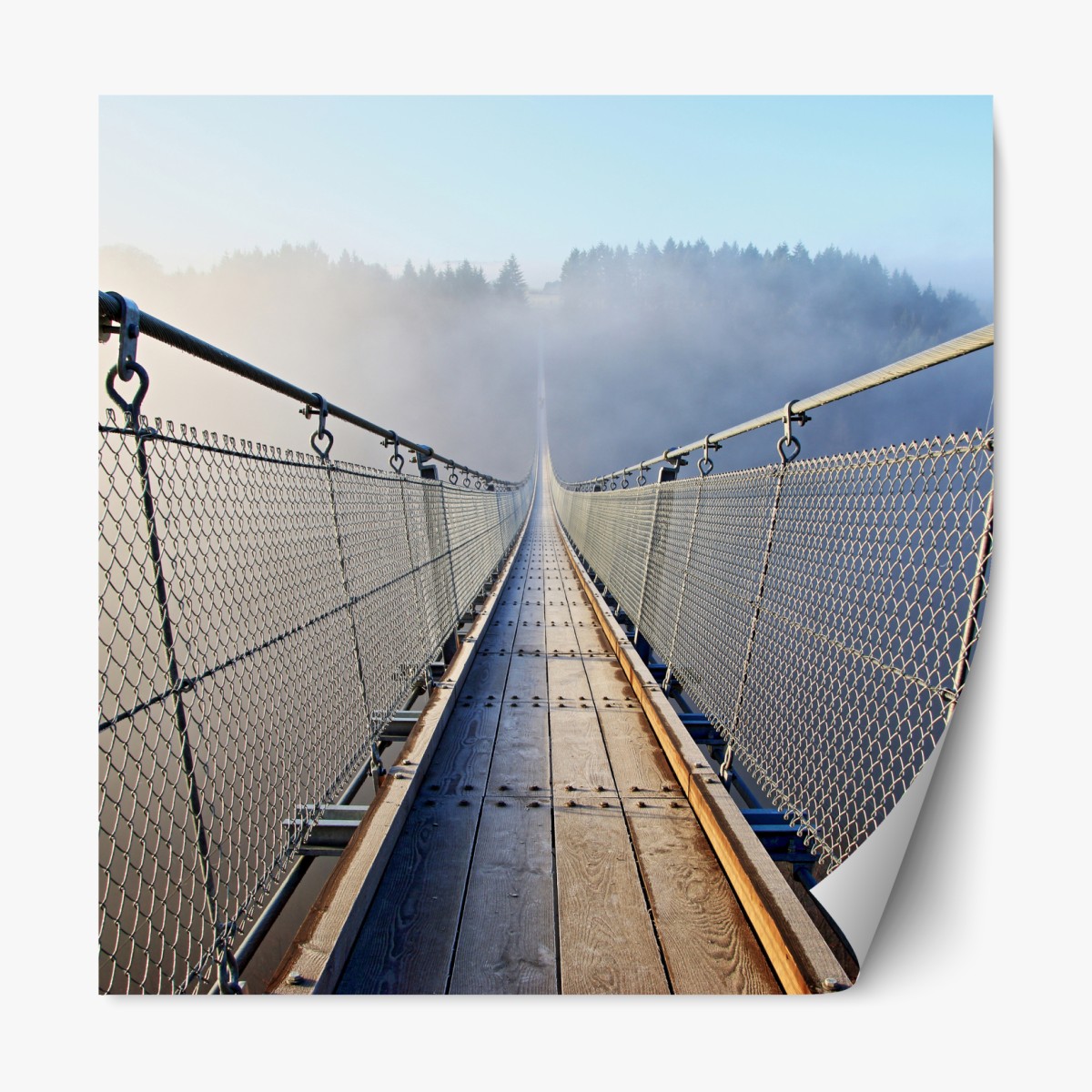 Repositionable sticker foggy suspension bridge leading into the woods
