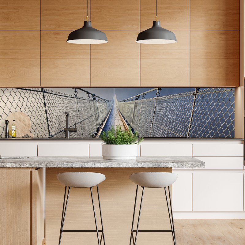 Naklejka repozycjonowalna mglisty wiszący most prowadzący w las – Wallissimo® Naklejka repozycjonowalna mglisty wiszący most prowadzący w las – Wallissimo®