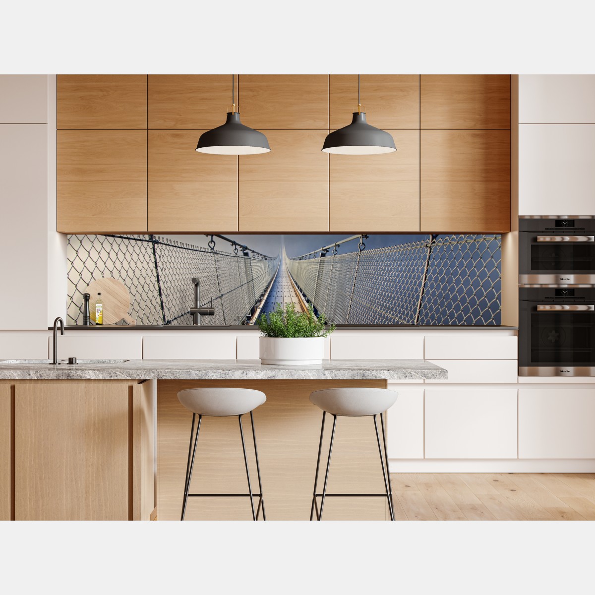 Naklejka repozycjonowalna mglisty wiszący most prowadzący w las – Wallissimo® Naklejka repozycjonowalna mglisty wiszący most prowadzący w las – Wallissimo®