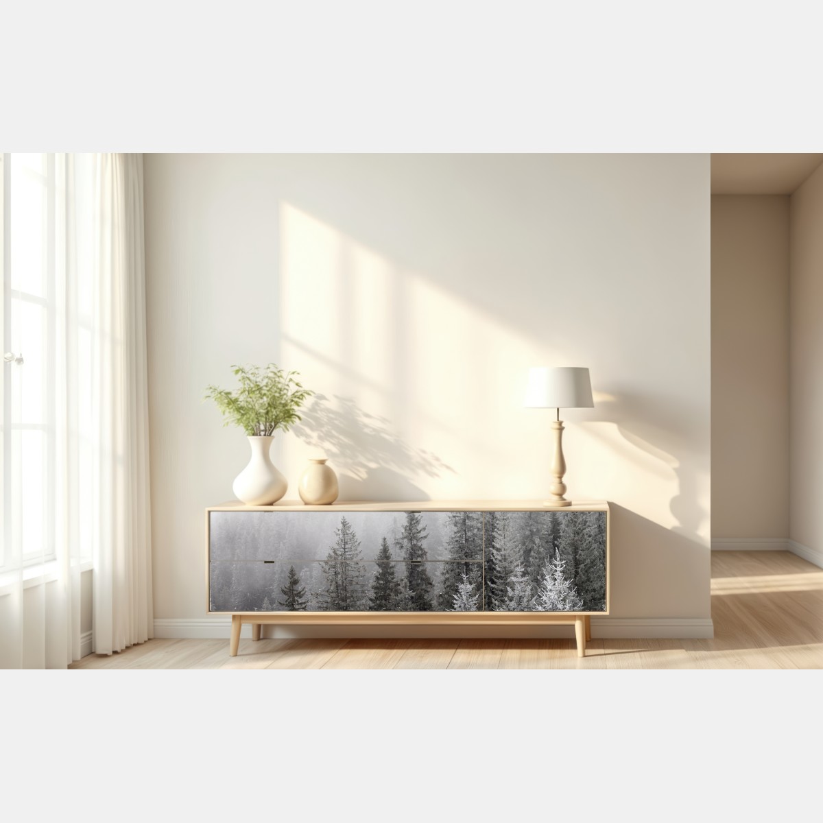 Naklejka repozycjonowalna mglisty zimowy las w Karpatach – Wallissimo® Naklejka repozycjonowalna mglisty zimowy las w Karpatach – Wallissimo®