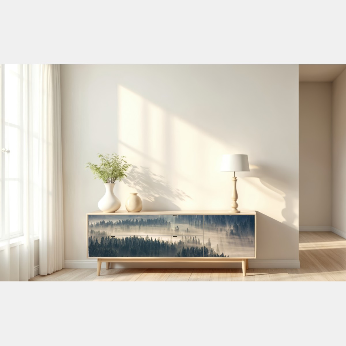 Naklejka repozycjonowalna mglisty las iglasty o świcie – Wallissimo® Naklejka repozycjonowalna mglisty las iglasty o świcie – Wallissimo®