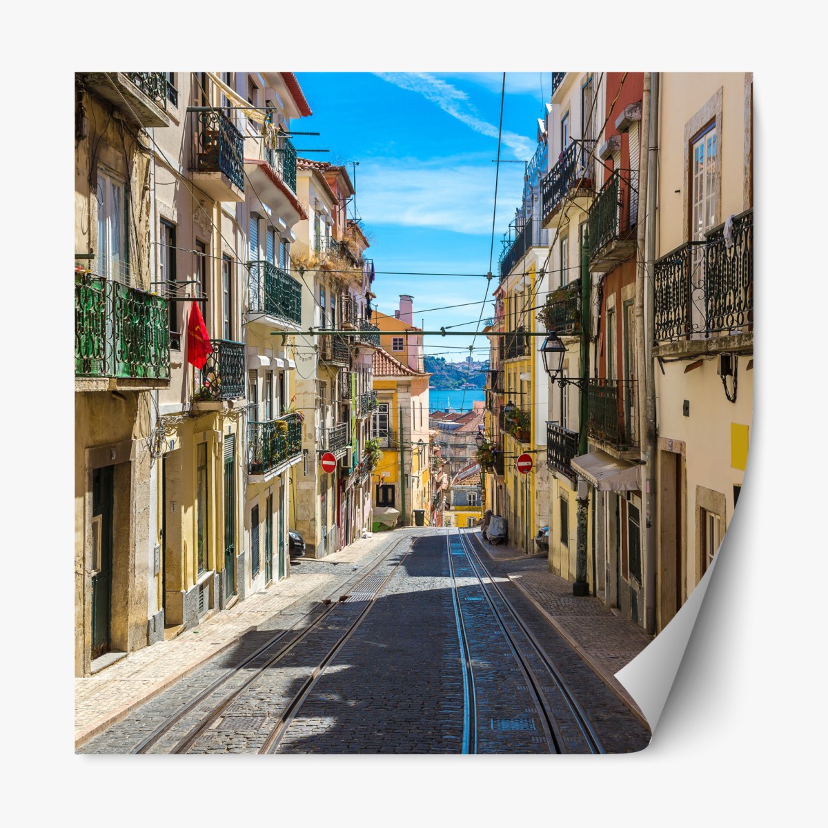 Repositionable sticker old Lisbon street on a summer day