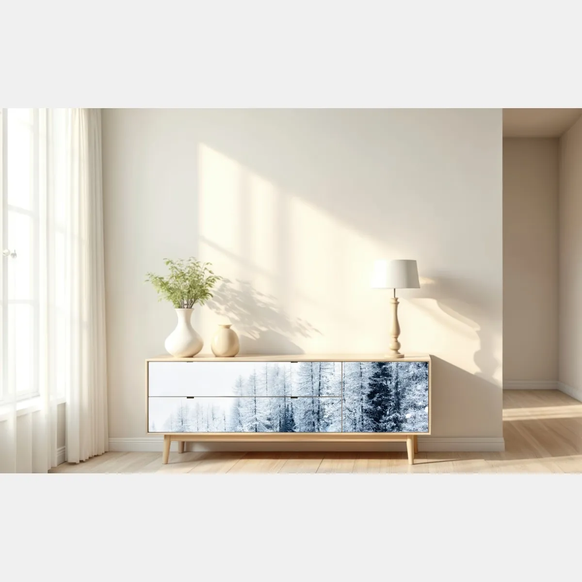 Naklejka repozycjonowalna zimowa cisza: zaśnieżony las – Wallissimo® Naklejka repozycjonowalna zimowa cisza: zaśnieżony las – Wallissimo®