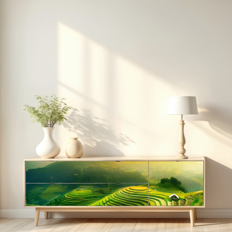 Naklejka repozycjonowalna złote tarasy ryżowe o wschodzie słońca – Wallissimo® Naklejka repozycjonowalna złote tarasy ryżowe o wschodzie słońca – Wallissimo®