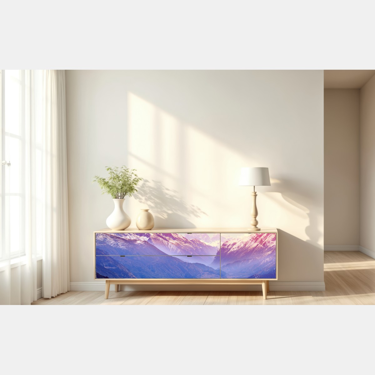 Naklejka repozycjonowalna pastelowa dolina górska o świcie – Wallissimo® Naklejka repozycjonowalna pastelowa dolina górska o świcie – Wallissimo®