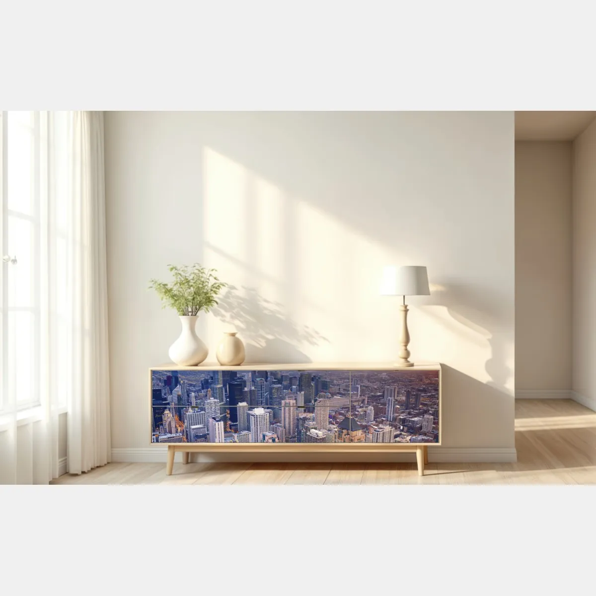 Naklejka repozycjonowalna panorama miasta o zachodzie słońca – Wallissimo® Naklejka repozycjonowalna panorama miasta o zachodzie słońca – Wallissimo®