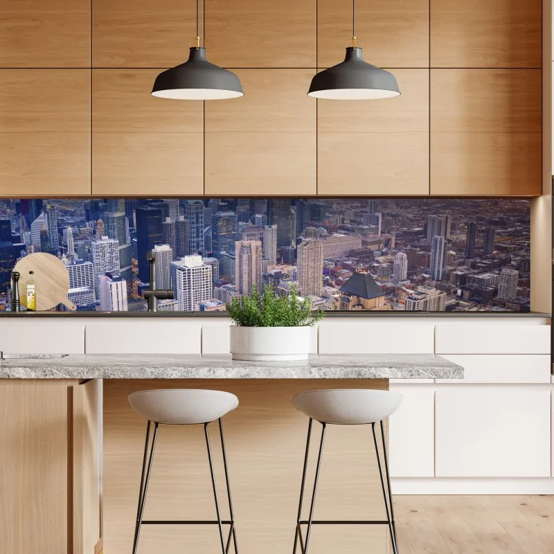 Naklejka repozycjonowalna panorama miasta o zachodzie słońca – Wallissimo® Naklejka repozycjonowalna panorama miasta o zachodzie słońca – Wallissimo®