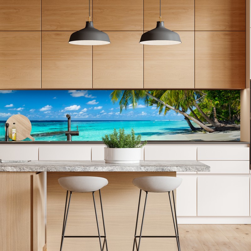 Naklejka repozycjonowalna tropikalna turkusowa plaża z pochylonymi palmami – Wallissimo® Naklejka repozycjonowalna tropikalna turkusowa plaża z pochylonymi palmami – Wallissimo®