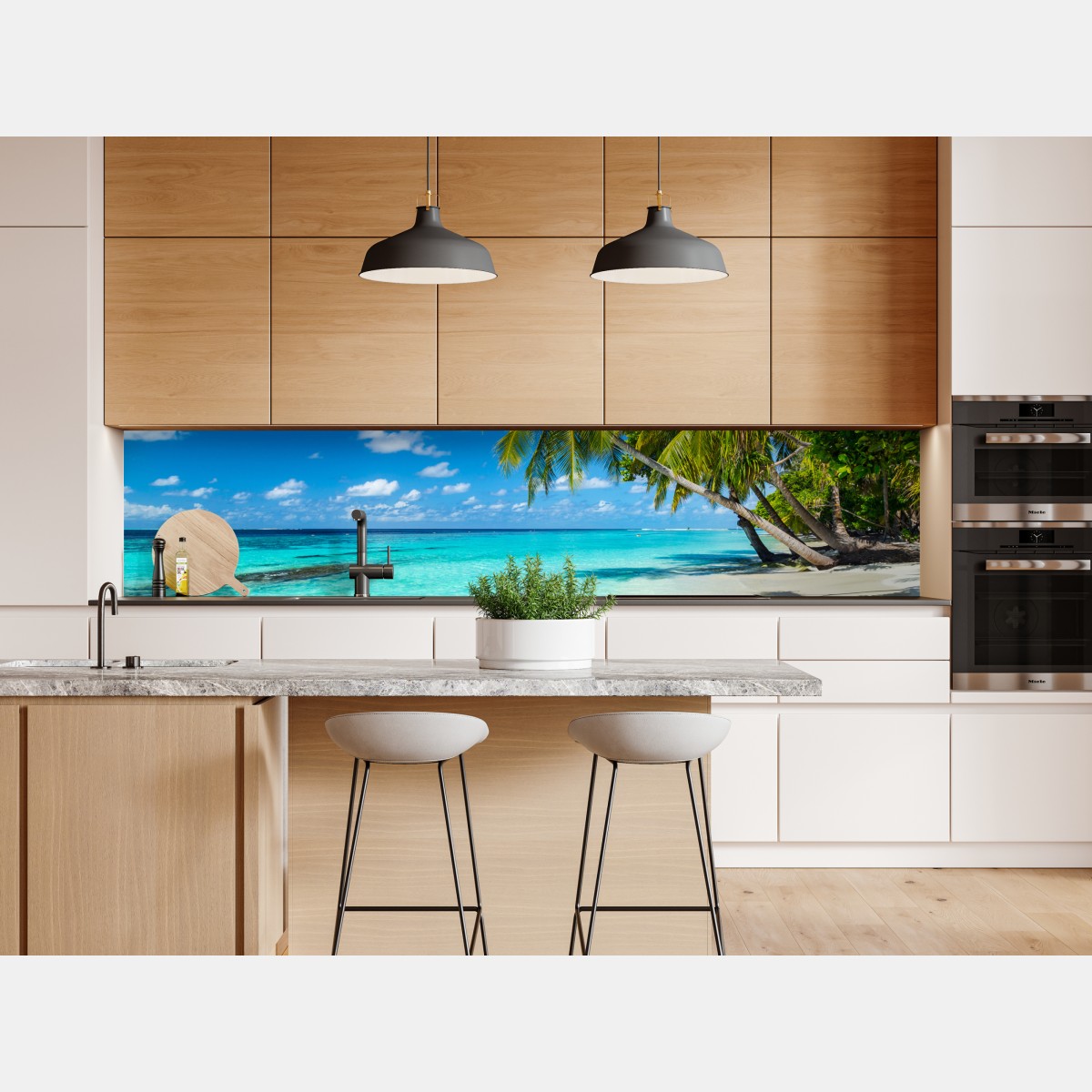 Naklejka repozycjonowalna tropikalna turkusowa plaża z pochylonymi palmami – Wallissimo® Naklejka repozycjonowalna tropikalna turkusowa plaża z pochylonymi palmami – Wallissimo®