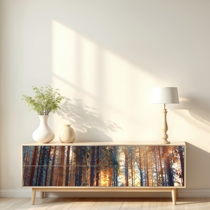 Naklejka repozycjonowalna zimowy las o świcie – Wallissimo® Naklejka repozycjonowalna zimowy las o świcie – Wallissimo®