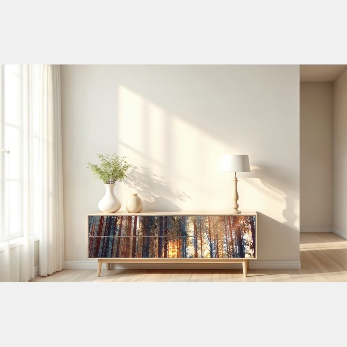 Naklejka repozycjonowalna zimowy las o świcie – Wallissimo® Naklejka repozycjonowalna zimowy las o świcie – Wallissimo®