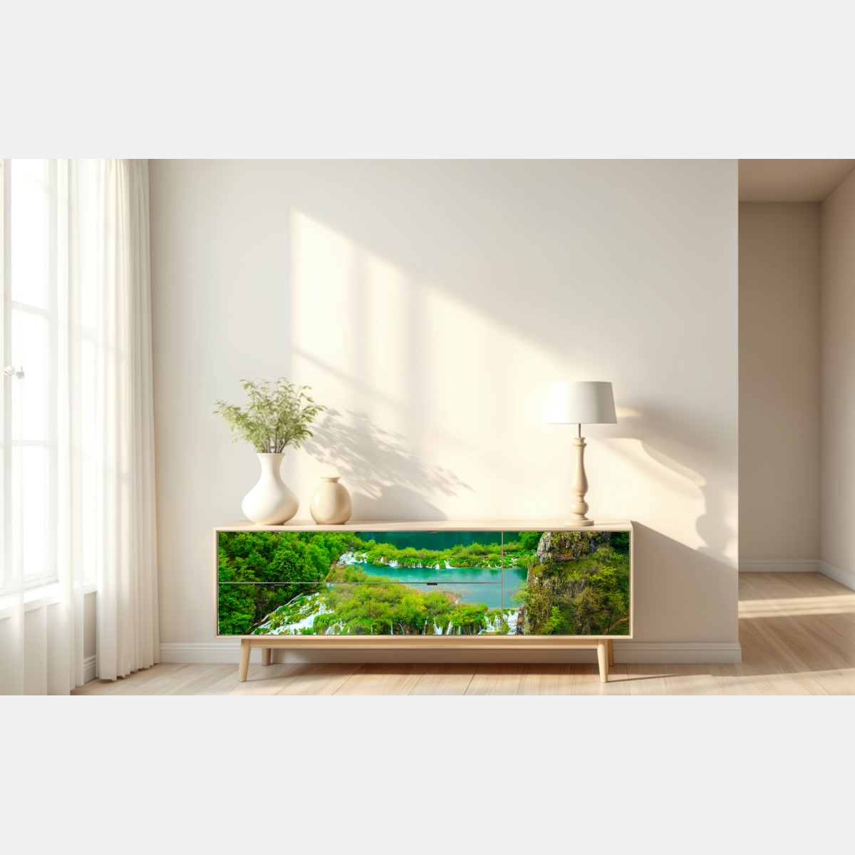 Naklejka repozycjonowalna bujny wodospad i turkusowe jeziora – Wallissimo® Naklejka repozycjonowalna bujny wodospad i turkusowe jeziora – Wallissimo®