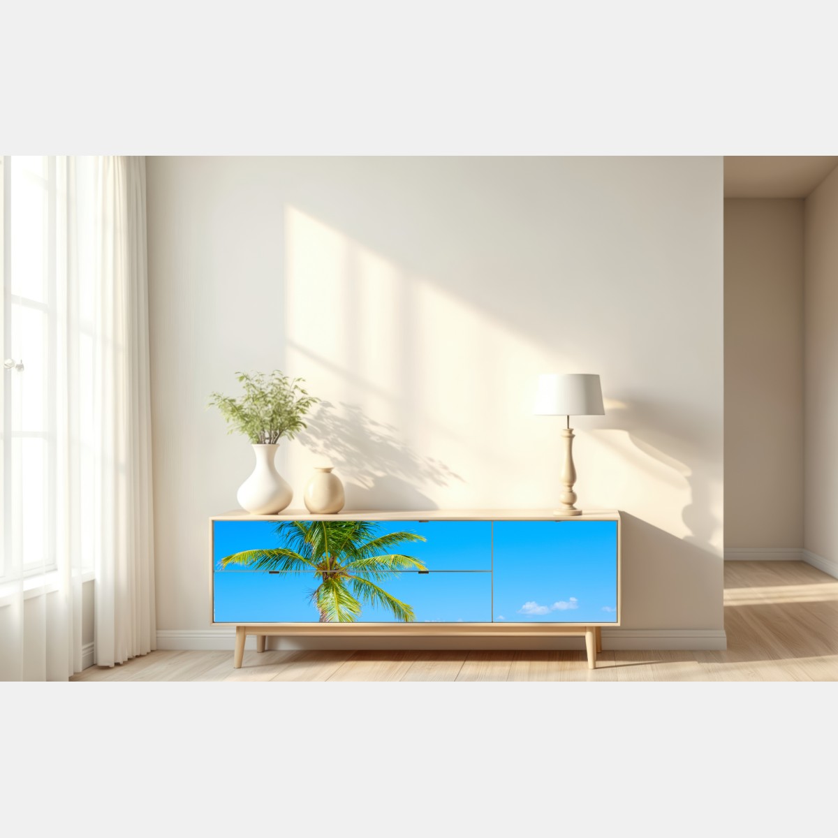 Naklejka repozycjonowalna tropikalna palma na białej plaży – Wallissimo® Naklejka repozycjonowalna tropikalna palma na białej plaży – Wallissimo®
